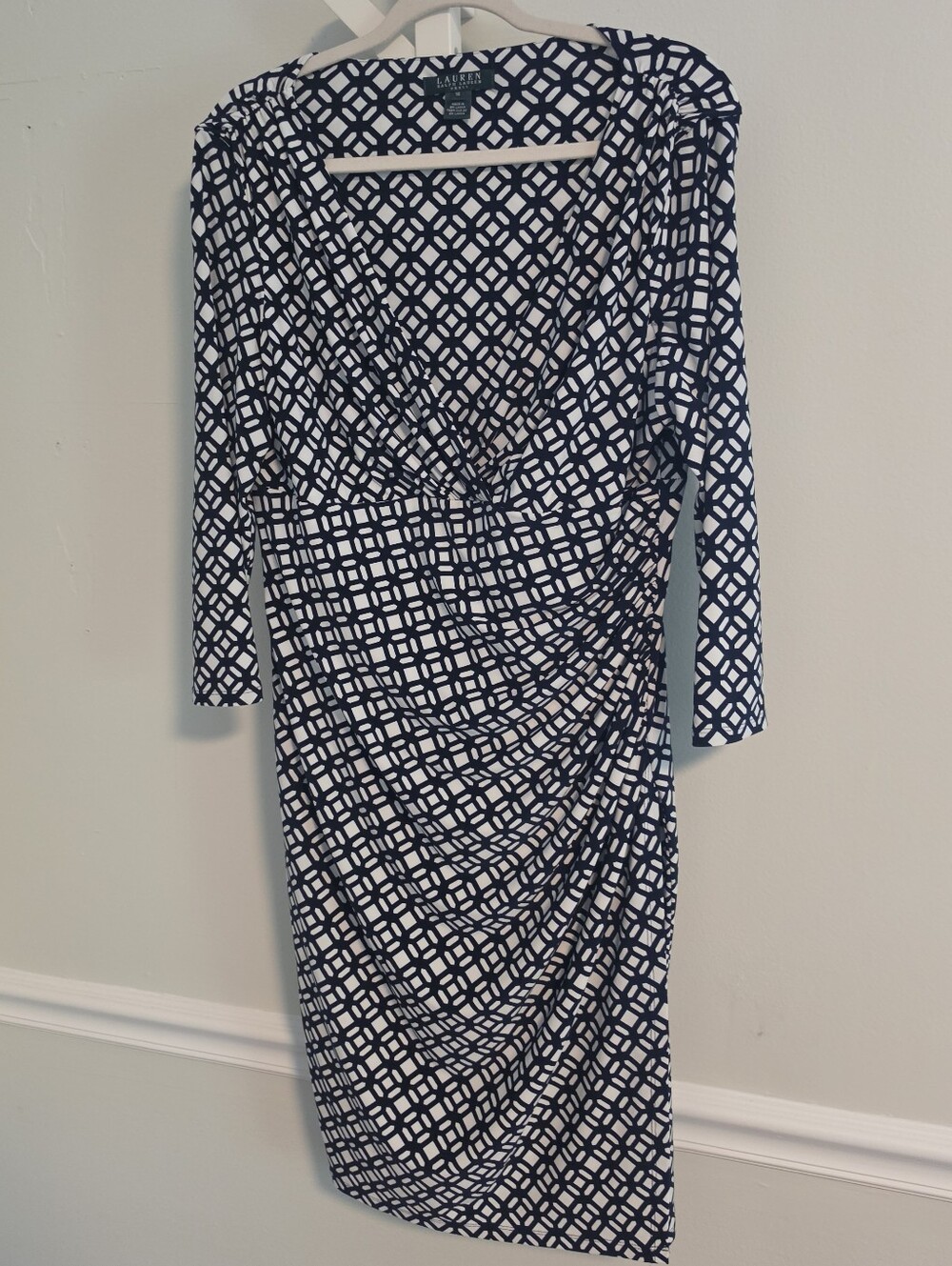 Lauren Ralph Lauren Navy WhiteGeometric Faux Wrap Dress Sz 16